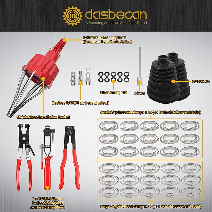 Dasbecan Pneumatic CV Joint Boot Installation Tool Kit, Universal CV Boot Expander Spreader, Includes CV Boots, Clamp Pliers & Clamp Assortment (Red)