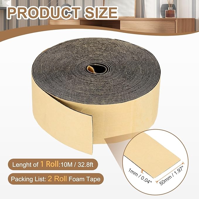 PATIKIL Foam Insulation Tape, 2Pcs 2" W x 1/16" t x 32.8FT Self Adhesive Weather Stripping Door Seal Strip for Door Window Air Conditioning, Black