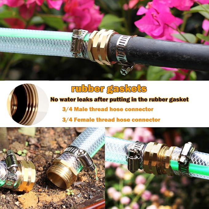Solid Brass Garden Hose Repair Connector with Clamps Hose End Repair Kit,Fit for 3/4"Garden Hose Fitting,Male and Female Hose Fittings(3/4"-3 Set)