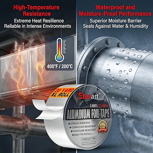 ETERART Heavy-Duty Aluminum Foil Duct Tape - 2" x 20 Yds, High-Temp Seal for HVAC, Dryer Vents & Insulation, Stops Air Leaks & Resists Extreme Heat for Home Repair, Silver