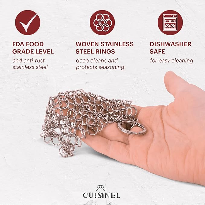 Cuisinel Cast Iron Scrubber Cleaning Brush + Stainless Steel Chainmail + Pan Scraper - Skillet, Grill Cleaner Kit - Soft-Touch Easy-Grip Dish Scrub Tool - Bristles Tough on Grease - Gentle on Cookware