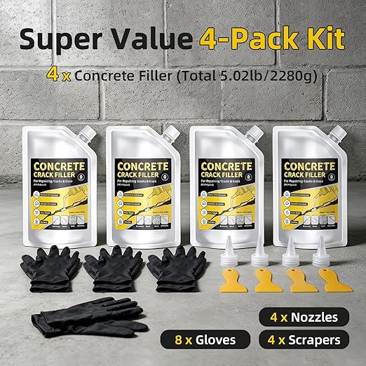 Pack of 4 Self Leveling Concrete Crack Filler, Cement Crack Filler, Waterproof & High Elasticity, Concrete Slab Repair for Driveway, Patio, Garage Floor, Sidewalk, Pool Deck (20 oz)