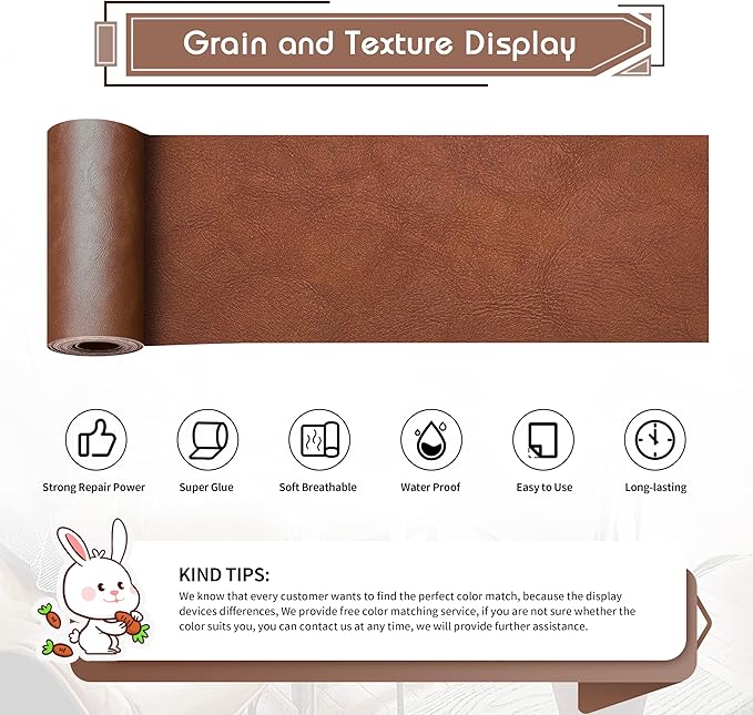 KING MOUNTAIN Leather Repair Patch,4 x 63 Inches self Adhesive Leather Repair Tape for Damaged Leather Furniture, Sofa Seating,Car Seats, Leather Goods（Classic Brown）