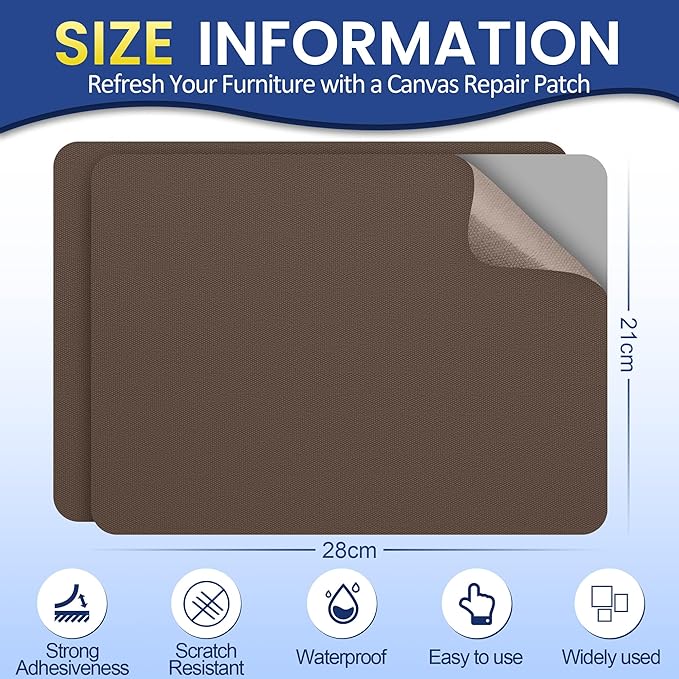Self-Adhesive Canvas Repair Tape, 8.3" x 11" Waterproof Canvas Repair Patch, Fabric Patch Repairs Kit for Furniture, Tents, Sunbrellas, Boat Covers Awnings, Couches, Clothes, Bags Dark Brown
