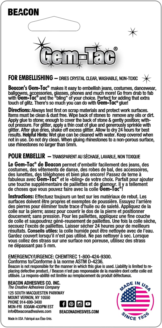 BEACON Gem-Tac Premium Quality Adhesive for Securely Bonding Rhinestones and Gems - Water-Based, UVA Resistant, 1-Ounce