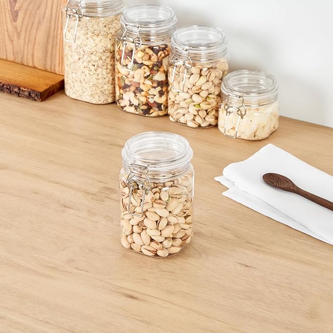 Restaurantware-Met Lux 29 Ounce Hinged Food Storage Jars, 2 Airtight Jars With Lids - Rubber Gasket, Wide Mouth, Clear Plastic Square Canisters, For Kitchen And Pantry Storage Of Bulk Dry Food