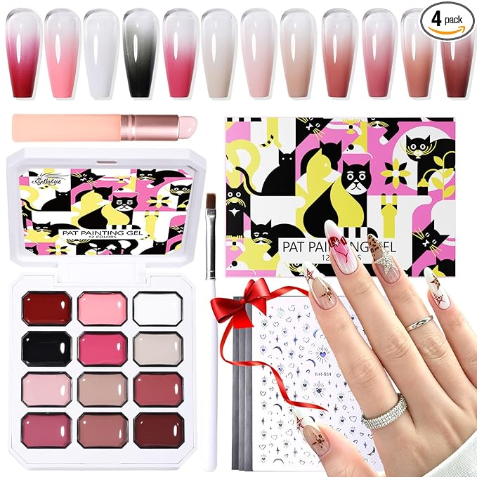 12 Color Patting Nail Gel Polish Kit, Ombre Painting Gel Palette with Brush & Silicone Patting Pen & Nail Art Stickers - UV/LED Curing for Gradient Nails, Beginner Friendly DIY Manicure Set
