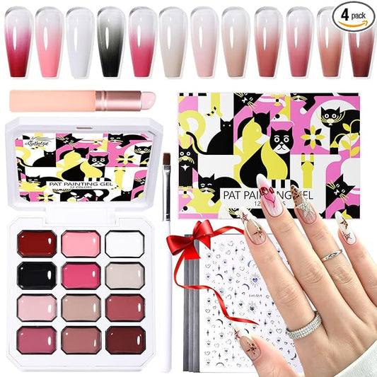 12 Color Patting Nail Gel Polish Kit, Ombre Painting Gel Palette with Brush & Silicone Patting Pen & Nail Art Stickers - UV/LED Curing for Gradient Nails, Beginner Friendly DIY Manicure Set
