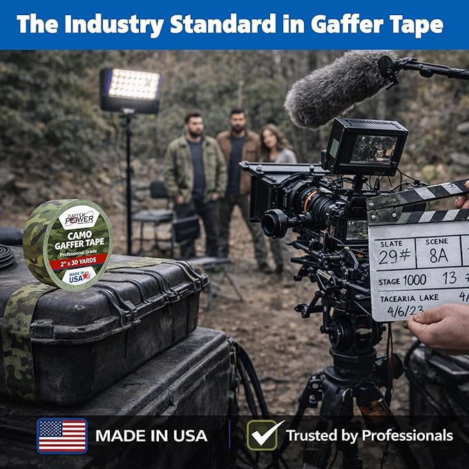 Gaffer Power Muted Army Green Camo Gaffer Tape – Professional Grade, Made in USA, Non-Reflective Matte Cloth Tape, Heavy Duty, Easy Tear, Residue-Free – 2 Inch x 25 Yards