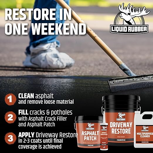 Liquid Rubber Driveway Restore Sealant - Highly Flexible Asphalt Coating Fills Cracks and Revitalize, Kit- Includes 4 Gallon Sealer, 1 Gallon Asphalt Patch, 4 x Crack Filler 10.2 oz, Patio Cleaner 1G