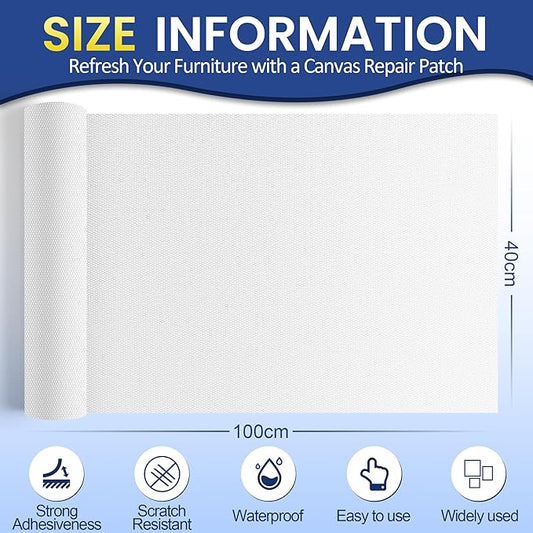 Self-Adhesive Canvas Repair Tape, 16" x 40" Waterproof Canvas Repair Patch, Fabric Patch Repairs Kit for Furniture, Tents, Sunbrellas, Boat Covers Awnings, Couches, Clothes, Bags White