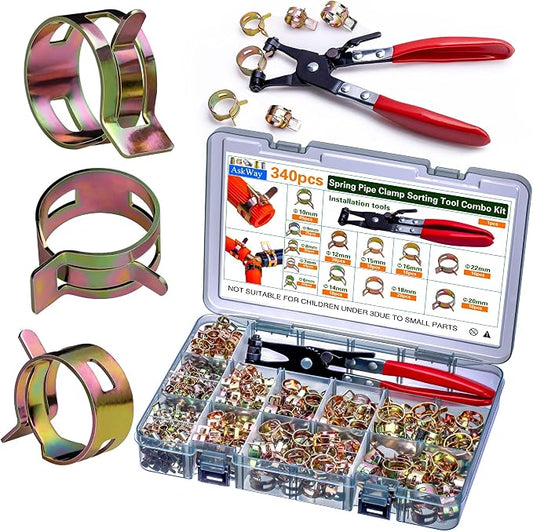 Spring Pipe Clamps340PCS, With Spring Pipe Clamp Tools, 12 Sizes 6-22mm Spring Hose Clamps, Used To Fix Hose Interfaces In Automotive, Marine, Gardening, Industrial Applications