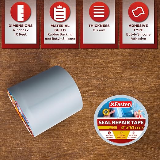 XFasten Waterproof Patch and Seal Tape Clear, 4” x 10-Feet Roof and Gutter Rubber Repair Tape for Stop Leak Repair on Gutter, Roof, Boat, Pool, HVAC