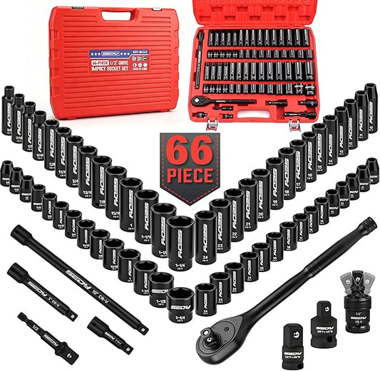 66-Piece 1/2" Drive Impact Socket Set, SAE 3/8" to 1-1/4" and Metric 10-24mm, Deep & Standard 6-Point Cr-V Sockets with Ratchet, Extension Bars, Adapters, Universal Joint, Drill Adapter, Storage Case