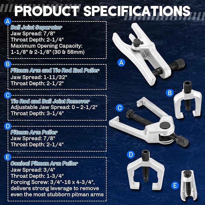 5-in-1 Ball Joint Separator | Pitman Arm Puller Tie Rod End Tool Set for Front End Service, Splitter Removal Kit Ball Joint Removal Tool (Blue)
