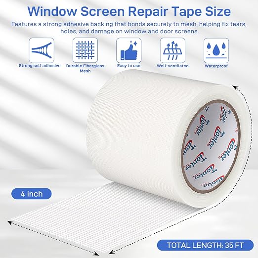 White Window Screen Repair Tape 4" x 35 FT Fiberglass Adhesive | Strong adhesive fiberglass screen repair tape; fixes holes & tears cut&stick indoor/outdoor window door use