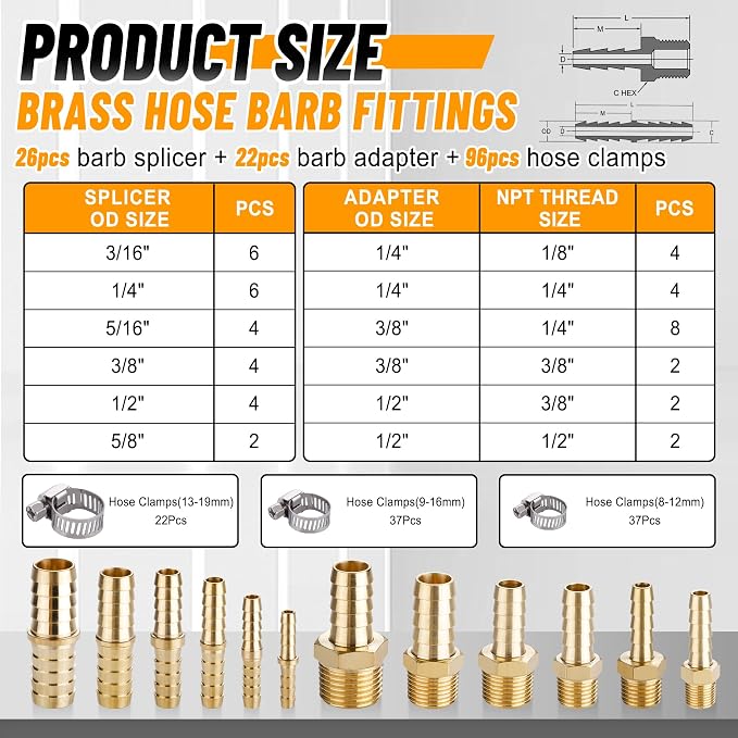 48PCS Brass Hose Barb Fittings,Barb Splicer Mender 3/16" 1/4" 5/16" 3/8" 1/2" 5/8" and Male Thread Adapter 3/8" Barbed to 1/4" NPT, 1/4" Barbed to 1/4" NPT Male with 96Pcs Pipe Hose Clamps