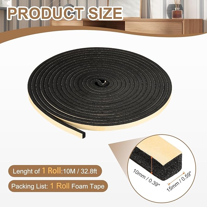 PATIKIL Foam Insulation Tape, 5/8" W x 3/8" t x 32.8FT Self Adhesive Weather Stripping Door Seal Strip for Door Window Air Conditioning, Black