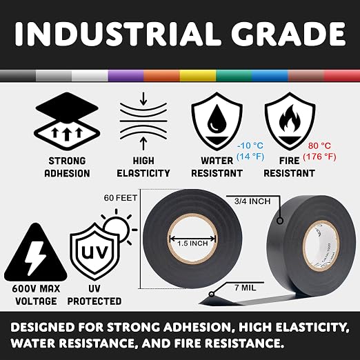 TradeGear Rainbow Glossy 10 Pack - UL Listed Colored Electrical Tape, 60 ft x 3/4 in, 600V, Flame Retardant, Waterproof, Rubber Adhesive - Phase Marking & Wire ID Kit