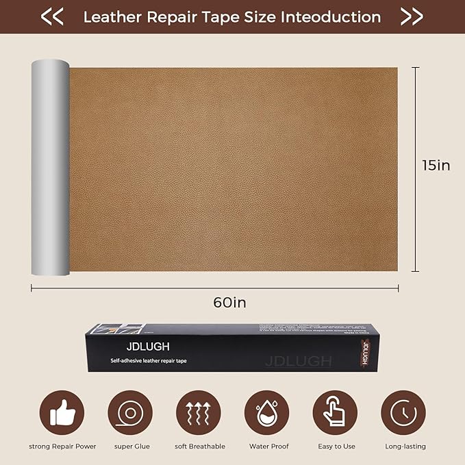 JDLUGH Sofa Leather Repair Patch Tape 15x60 Inch Large Self Adhesive Leather Sofa, Car Seat, Leather Furniture, Vinyl Repair Patch Kit (15x60 Inch, Khaki)