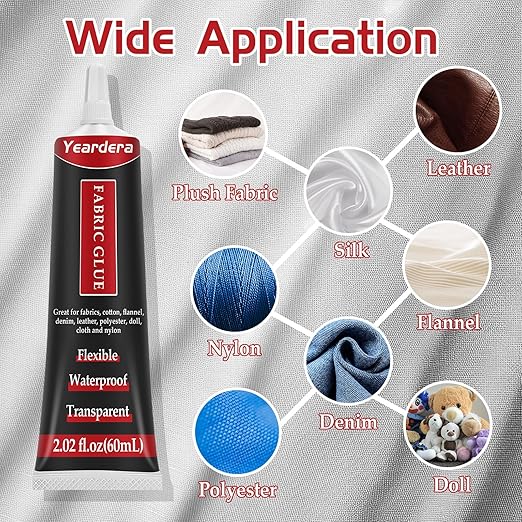 Yeardera Fabric Glue, Permanent, Clear, Washable Adhesive for Clothing, Patches, Leather, Cotton, Denim, Polyester, Flannel, and All Fabrics