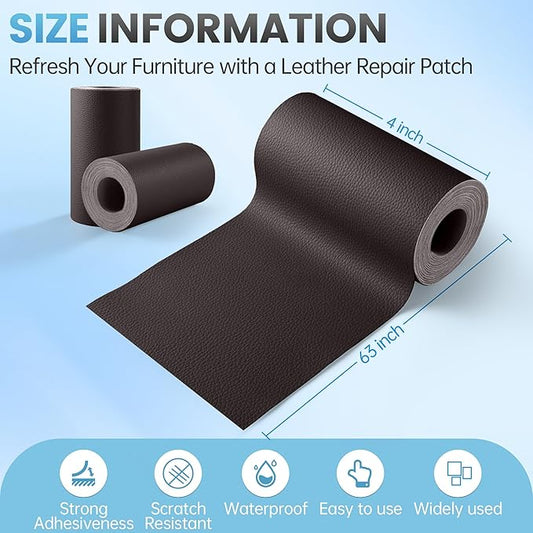 Leather Repair Patch Tape Kit, 4" x 63" Self Adhesive Leather Repair Patch for Furniture, Vinyl Leather Repair Kit for Car Seat, Chairs, Couch, Sofa, Boat Coffee