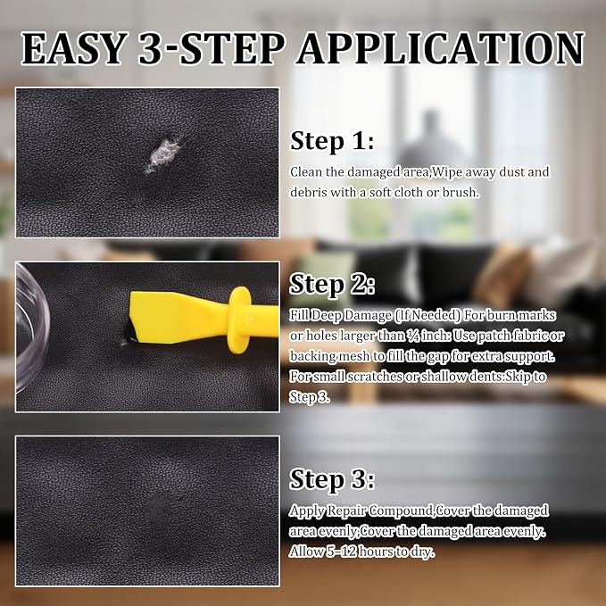 Car Leather Repair Kit for Furniture, Vinyl Repair Kit for Car Interiors Seat, Leather Filler, Fixes Tears, Holes, Scratches and Peeling, Restores Faux, Artificial, and Genuine Leather (Black)