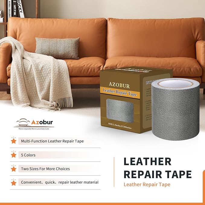 Azbour Leather Repair Tape Patch, 2.4''x15' Super Adhesive, Self-Adhesive Leather Patch for Restoration and Refurbishment of Sofas, Car Seats, Furniture, Vinyl Furniture, Chairs.（Gray）