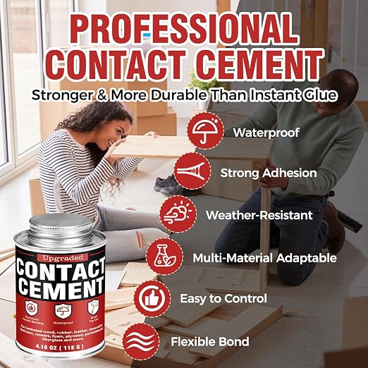 Contact Cement with Brush, Heavy Duty Neoprene Contact Adhesive, Flexible, Strong Bonding, Waterproof Glue for Wood, Leather, Rubber, Laminate & Upholstery – Easy to Use for DIY & Repair (4.16 oz)