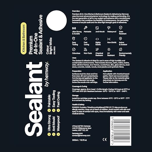 Bright White Kitchen & Bathroom Sealant & Adhesive Hybrid Polymer | Superior to Silicone Caulk Sealant | Waterproof, Odorless, Paintable | Ideal for Around Bathtub, Shower, Kitchen - 300ml 1 Pack