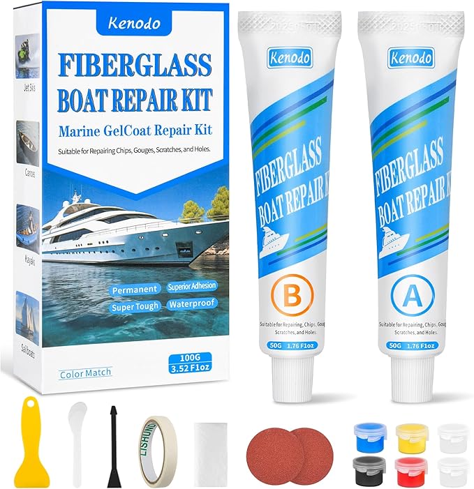 Marine Fiberglass Repair Kit for Boats, Gel Coat Kepair kit for Boats, Epoxy Filler for Repairs Cracks, Scratches, Debris, Holes, Gaps, Suitable for Fiberglass, Acrylic, Porcelain 100g-1.76oz
