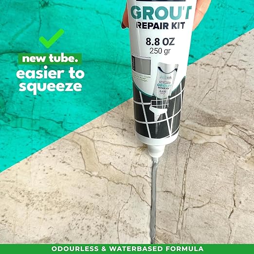 PentaUSA Tile Grout Repair Kit with Removal Tool - Premixed Acrylic Sanded Grout Filler for Bathroom, Shower, and Kitchen, Includes Applicator Spatula, and Sponge - (Gray) (8.8oz / 250g)