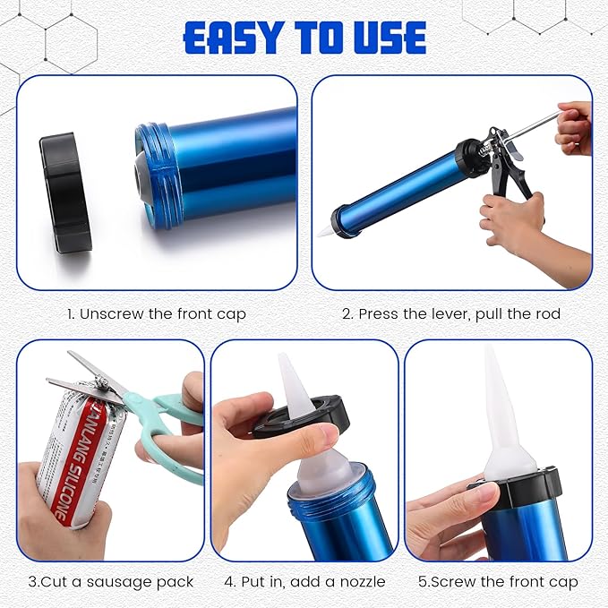 Lasnten 2 Pack Sausage Caulk Gun 20 oz Aluminum Cordless Sausage Caulking Gun with 4 Cone Nozzles, 18: 1 Thrust, Aluminum Sealant Hand Caulk Kit for Contractors (Blue)