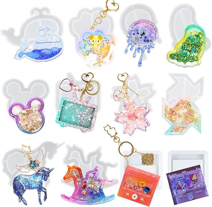 Epoxy Resin Shaker Silicone Molds Set Mouse Head, Flower, Footprint, Dolphin, Windmill, Unicorn, Bear's Paw, TV, Rocking Horse, Drippy Circle, Media Players 12-Count
