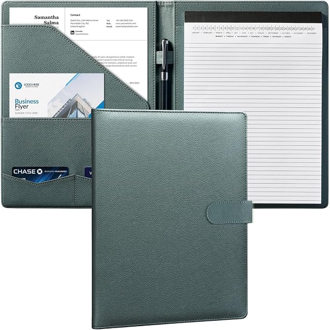 Mymazn Padfolio Portfolio Folder, Faux Leather Interview Resume Folder with Document Organizer & Business Card Holder, Letter-Sized Notepad Legal Pad Holder for Men Women (Grey Green) | Faux Leather Binder with Document Organizer, Business Card Holder,...