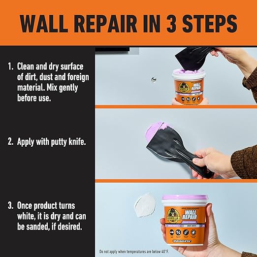 Gorilla High Performance Wall Repair Color Change, 16 Ounce Tub, Applies Purple, Dries White – Spackling & Primer in One, Shrink & Crack Resistant