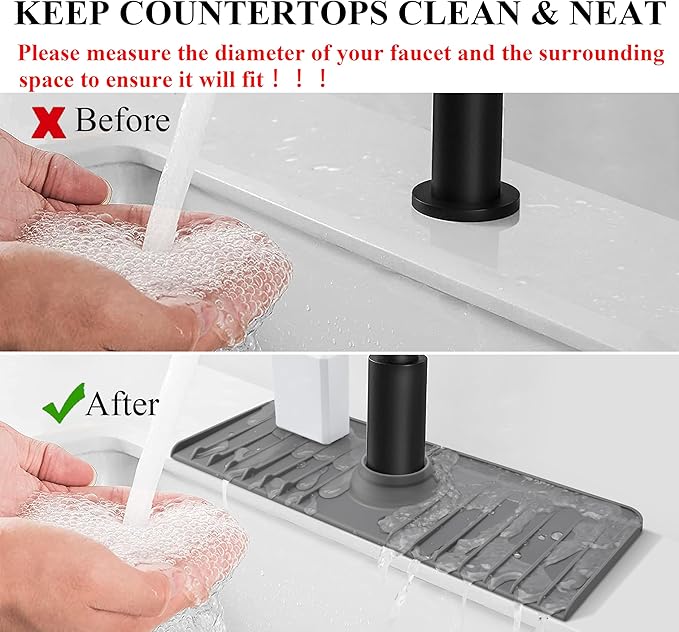 YATOISUR Sink Splash Guard 14.4” x 5.4” - Sink Faucet Mat with Faucet Water Catcher Mat & Soap Dish & Sponge Holder 3 in 1 - Silicone Faucet Handle Drip Catcher Tray for Kitchen RV & Bar Faucet, Grey
