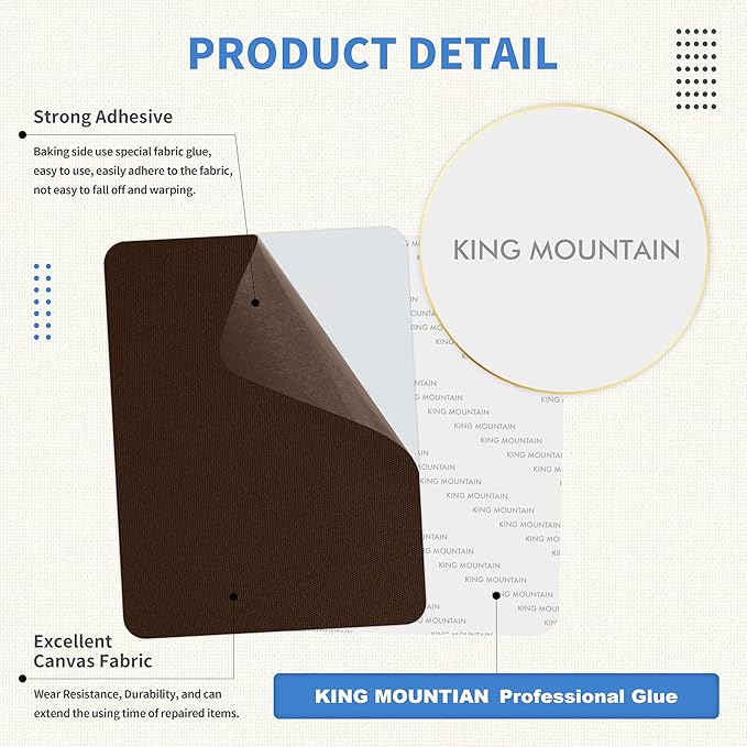 KING MOUNTAIN Canvas Repair Patch 9 x11 Inch 2 Pcs Self-Adhesive Waterproof Fabric Patch for Sofas, Tents, Furniture,Tote Bags, Car Seats (Dark Brown)