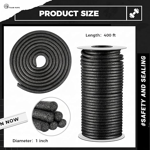 MotiMind 1 Inch x 400 ft Foam Backer Rod for Gaps Joints Concrete Crack Filler Caulk Saver Bulk Foam Backing Rod Concrete Filler Rope for Weather Stripping Door Seal(Black)