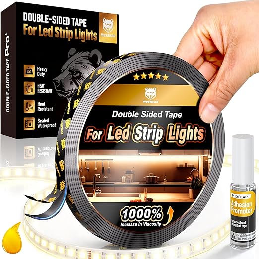 PHIXBEAR Heavy Duty Double Sided Tape for Led Strip Lights, Automotive Trim, Garage, Home Decor, Indoor & Outdoor, 20Ft x 1/4" Heat Resistant Waterproof Adhesive Mounting Tape