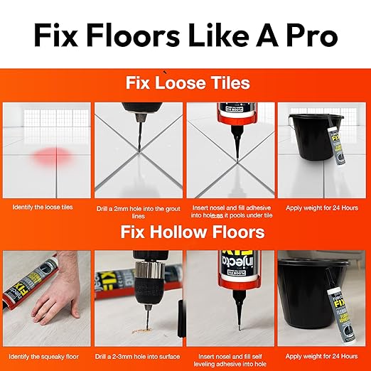 Floor-Fix Pro Injectafix Tile Repair Kit – Extra Strength Tile Adhesive for Loose & Hollow Floor Tiles, Wood, Laminate & LVT – Injection Repair Glue with Stainless Steel Precision Tip 10.1 fl oz