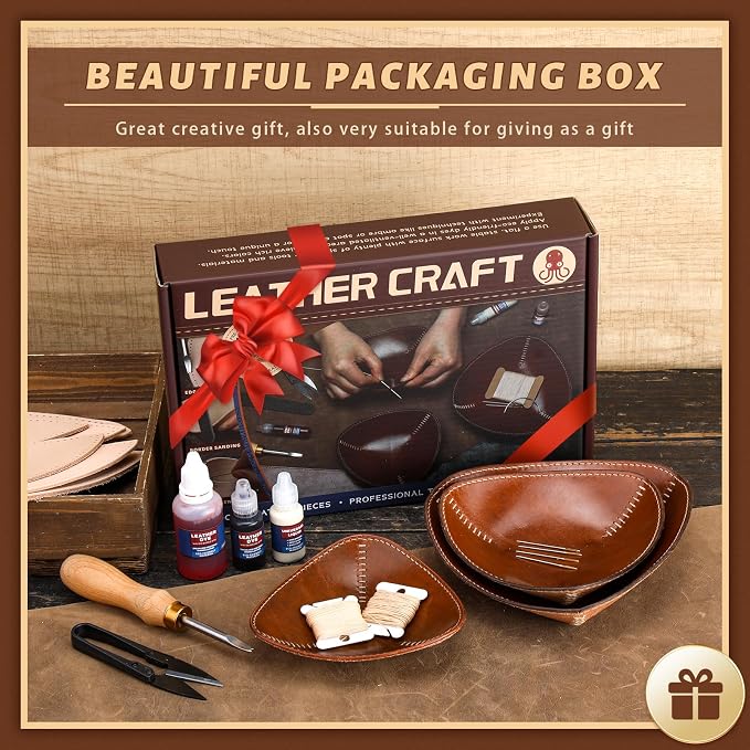 CBHGFEA Leather Tooling Kit Leather Tray Kit (S, M, L) with Vegetable Tanned Edge Beveler Wax Thread and Step-by-Step Video Tutorial for Crafting Desktop Storage Set for Adults