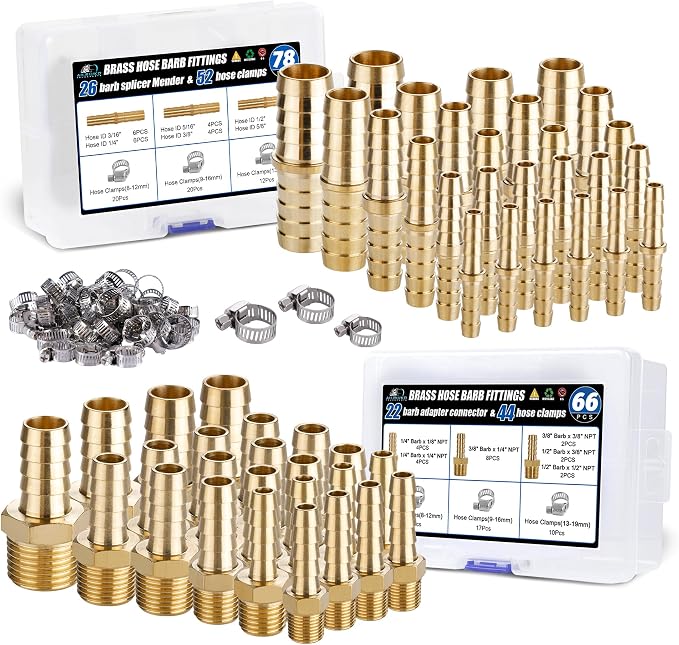 48PCS Brass Hose Barb Fittings,Barb Splicer Mender 3/16" 1/4" 5/16" 3/8" 1/2" 5/8" and Male Thread Adapter 3/8" Barbed to 1/4" NPT, 1/4" Barbed to 1/4" NPT Male with 96Pcs Pipe Hose Clamps