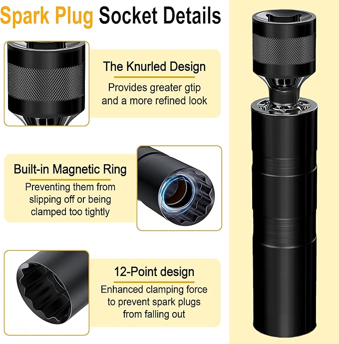 16mm Spark Plug Socket, Thin Wall 3/8" Drive Spark Plug Sockets Removal Tool, 12 Point, Magnetic Swivel 5/8" Spark Plugs Socket for Most Car Models (Black)