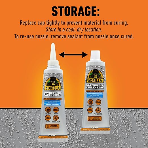 Gorilla 100% Silicone Caulk, Waterproof Sealant, 2.8oz Squeeze Tube (Pack of 2) – Clear -10 Year Mold Resistant Kitchen, Window, Bath, Marine, Door and More