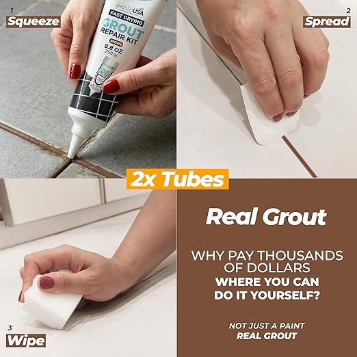 PentaUSA Premixed Tile Grout Repair Kit 2 Pack - Beige Brown Acrylic Sanded Grout Filler for Bathroom, Shower, Kitchen Tile Water-Resistant Tubes with Applicator, Fast Drying (2 x 250g / 17.6oz)