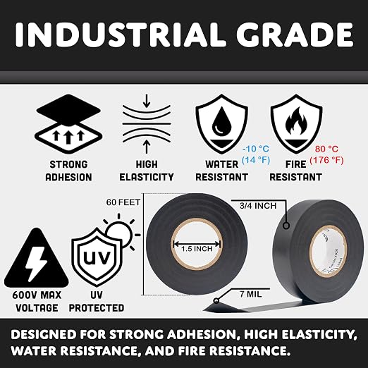 TradeGear Black 10 Pack - UL Listed Colored Electrical Tape, 60 ft x 3/4 in, 600V, Flame Retardant, Waterproof, Rubber Adhesive - Phase Marking, Wire ID, Automotive