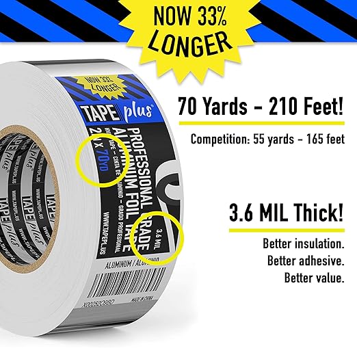 TapePlus Aluminum Foil Tape - Waterproof Insulation for HVAC Ducts - Heat Resistant Tape for Metal Repair - Duct Seal for Indoor & Outdoor Use - Pack of 2, 2 in x 210 ft, Silver