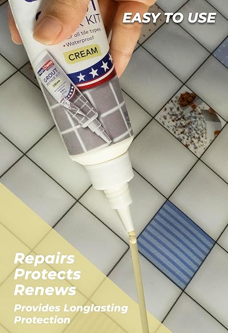 Tile Grout Repair, Beige and Cream 8.8 oz/250gr. Fast Drying Grout Repair Kit, Grout Filler Tube Repair Kit, Tile Grout Paint, Grout Sealer Restore and Renew Bathroom Floor, Tile Gaps, Joints, Lines