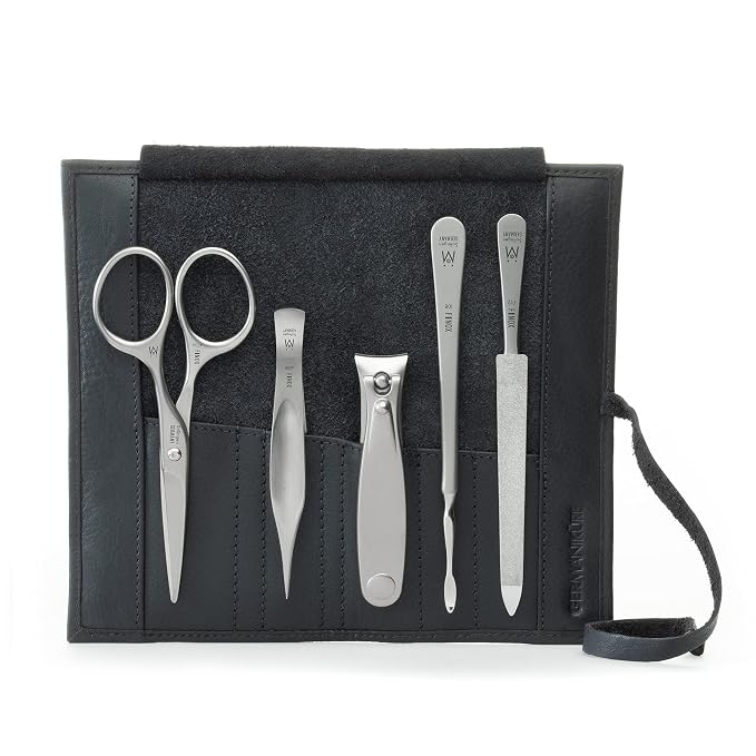 GERMANIKURE 5pc Manicure Set with Mustache Scissors in Black Leather Case - Made in Germany, FINOX Stainless Steel Tools – Professional Mens Grooming Kit